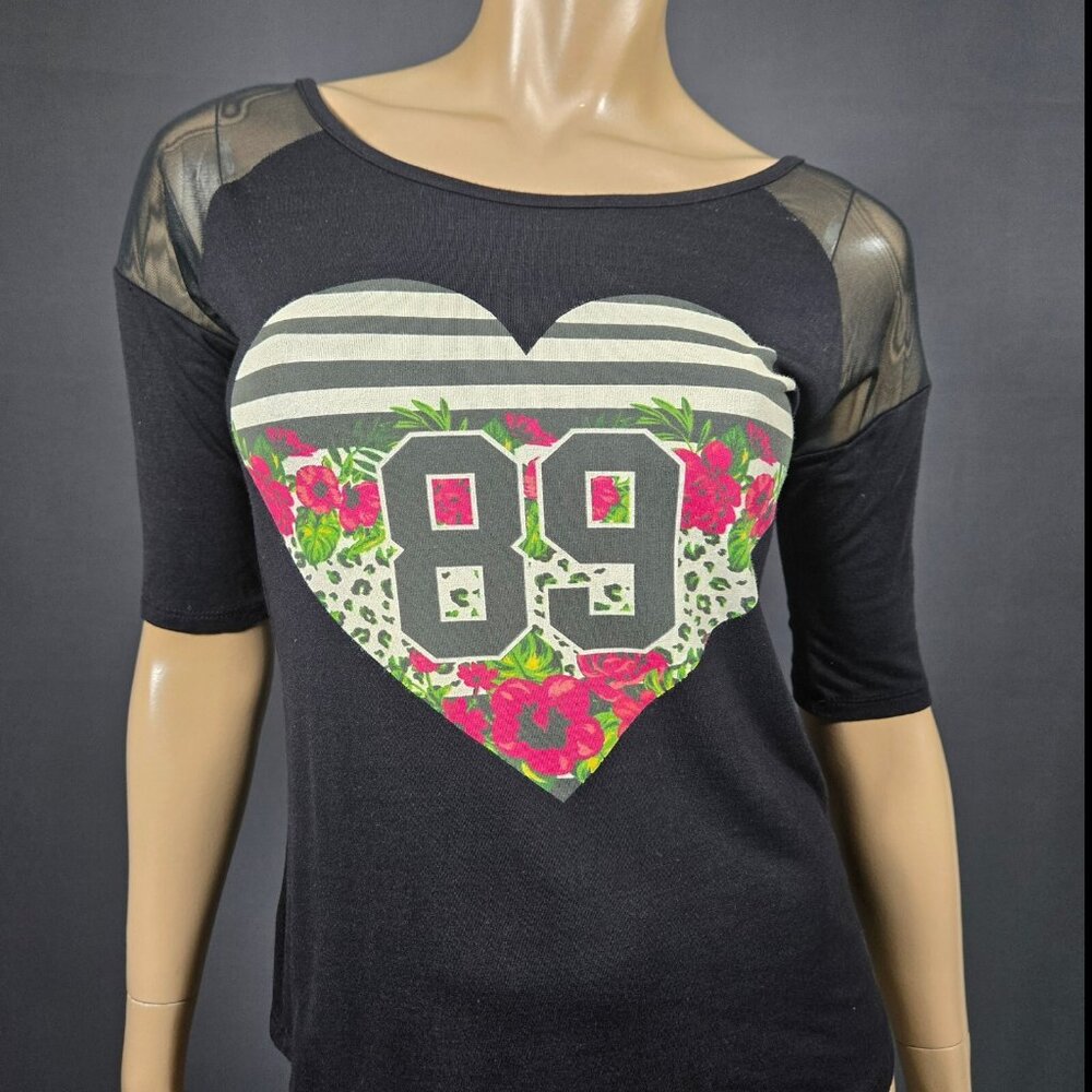 Y2K Graphic Top Shirt Mesh Sleeves Size M Black Heart Varsity Numbers Blokette